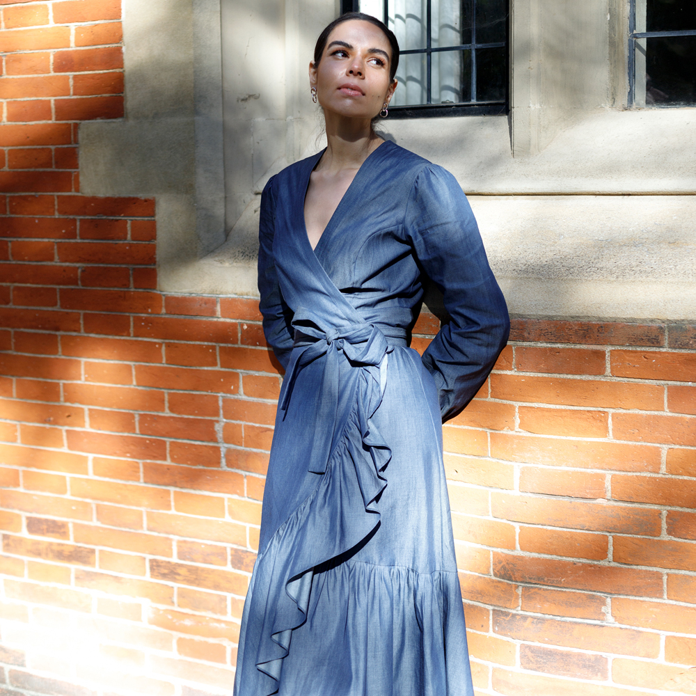 Beatrice Blue Denim Midi Wrap Dress